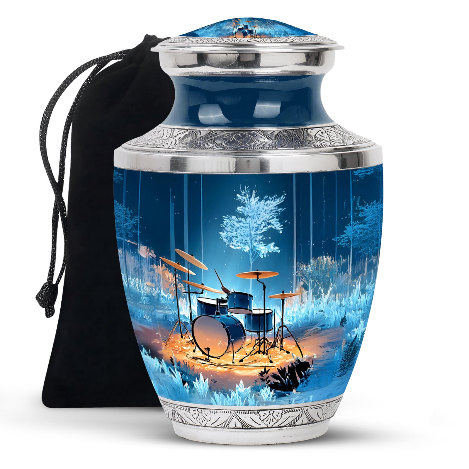 Indigo Drums Cremation Urn side profile showing urn shape - modern art-inspired drums motif on sleek aluminum - full-size 10 inch 200 cubic inch adult cremation urn