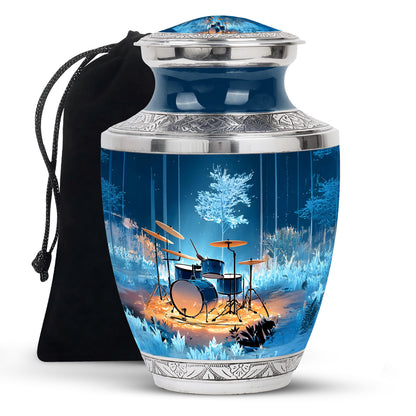 Indigo Drums Cremation Urn side profile showing urn shape - modern art-inspired drums motif on sleek aluminum - full-size 10 inch 200 cubic inch adult cremation urn