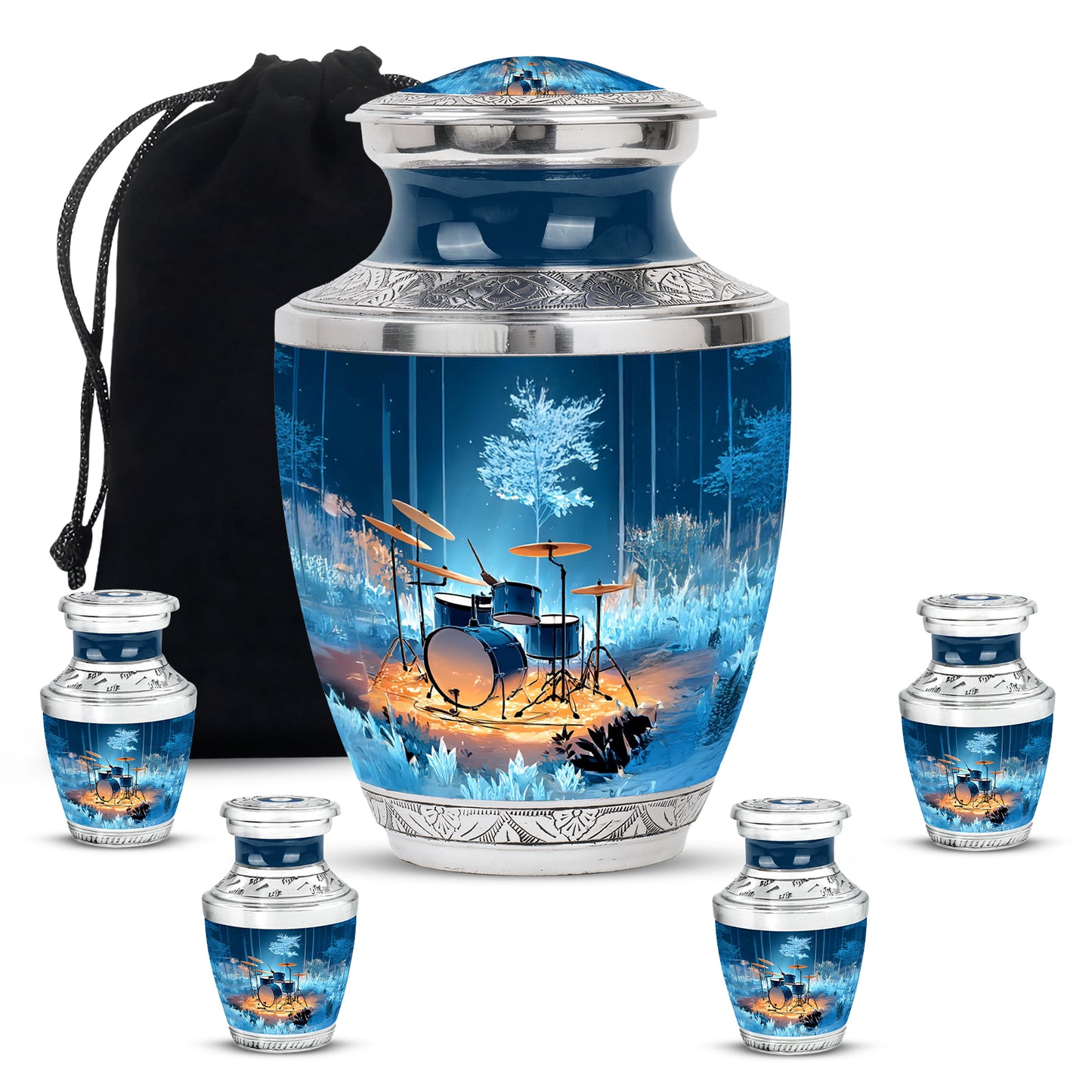 Royal Blue Drums Cremation Urn lifestyle display on memorial shelf - stylized abstract drums pattern with bold lines - memorial set with one large and four small urns