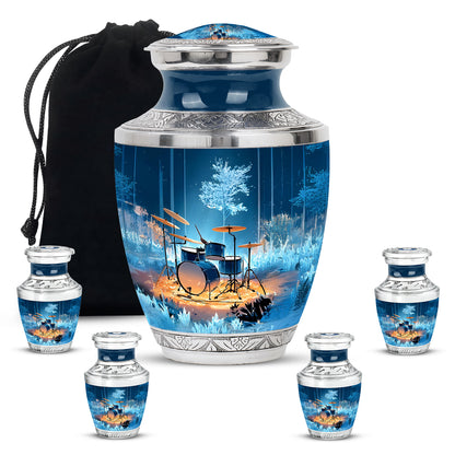 Royal Blue Drums Cremation Urn lifestyle display on memorial shelf - stylized abstract drums pattern with bold lines - memorial set with one large and four small urns