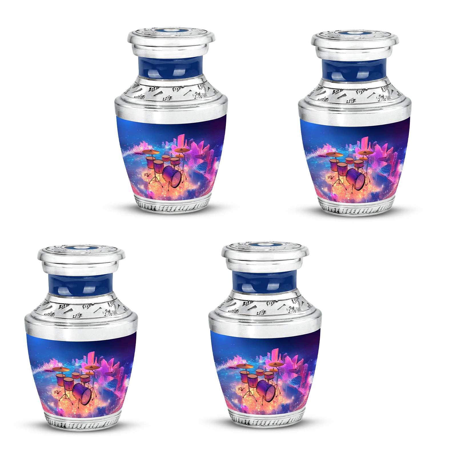 Icy Blue Drums Cremation Urn back view with polished surface - modern art-inspired drums motif on sleek aluminum - 10 inch aluminum urn for cremated remains