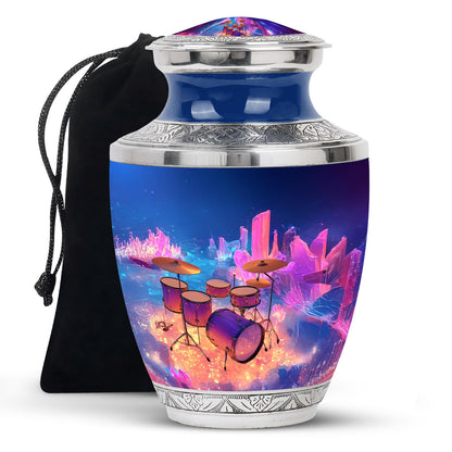 Navy Blue Drums Cremation Urn side profile showing urn shape - modern art-inspired drums motif on sleek aluminum - full-size 10 inch 200 cubic inch adult cremation urn