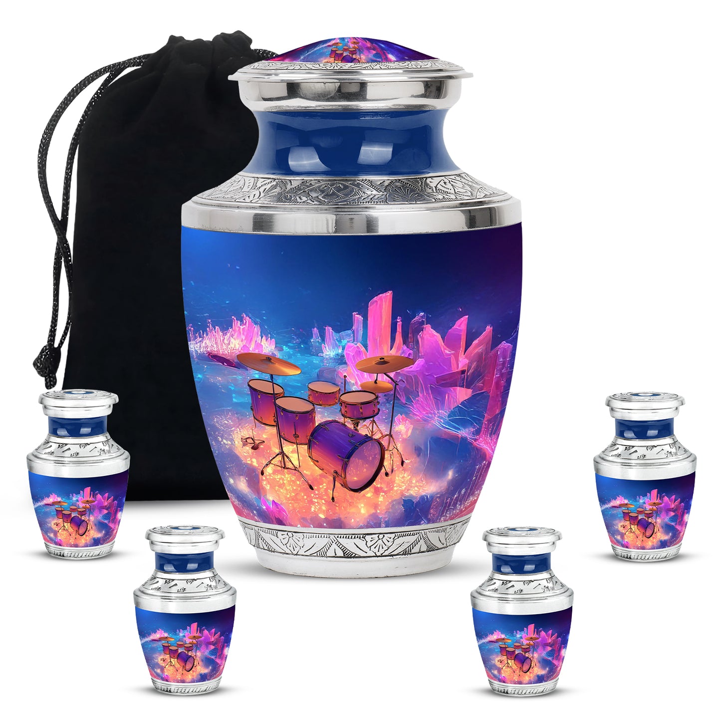 Slate Blue Drums Cremation Urn lifestyle display on memorial shelf - contemporary drums design with modern artistic flair - memorial set with one large and four small urns