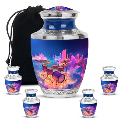 Slate Blue Drums Cremation Urn lifestyle display on memorial shelf - contemporary drums design with modern artistic flair - memorial set with one large and four small urns