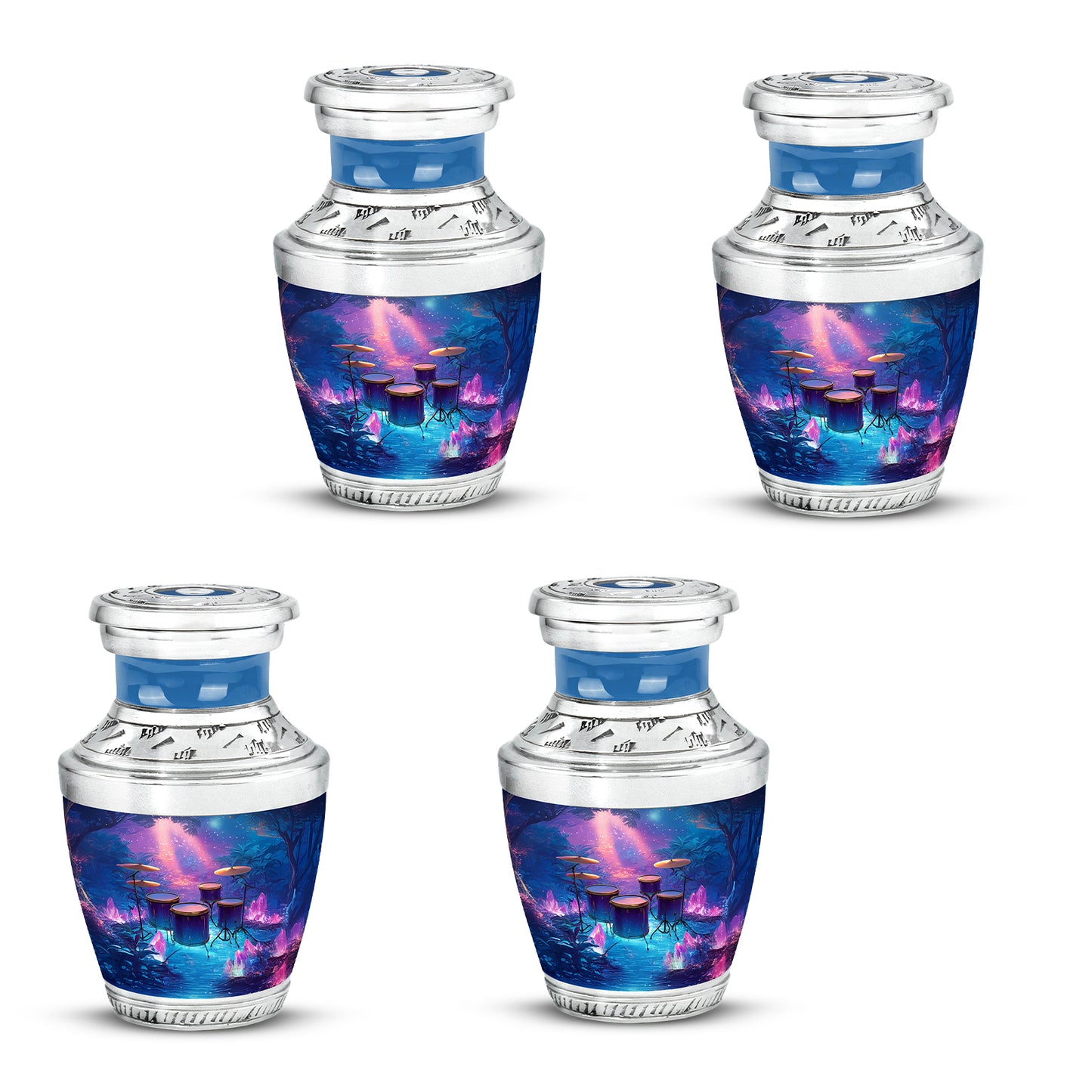 Celestial Blue Drums Cremation Urn back view with polished surface - modern art-inspired drums motif on sleek aluminum - 10 inch aluminum urn for cremated remains