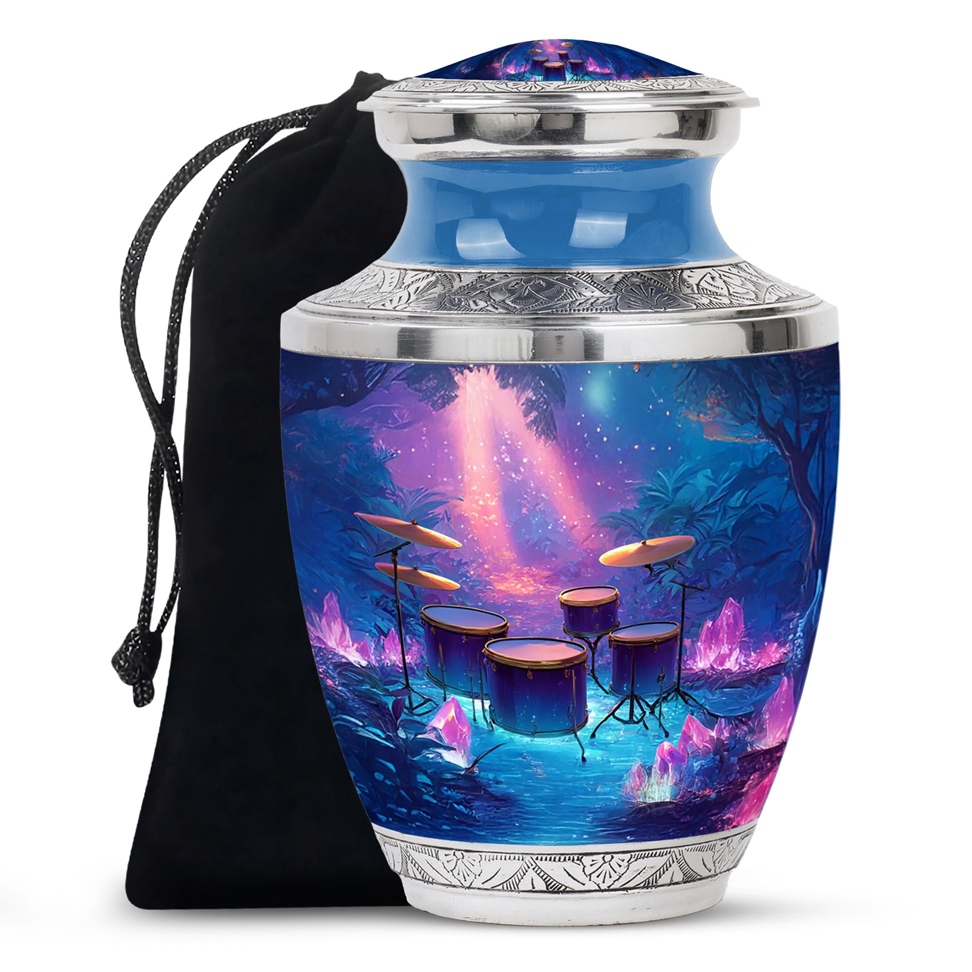 Powder Blue Drums Cremation Urn side profile showing urn shape - modern art-inspired drums motif on sleek aluminum - full-size 10 inch 200 cubic inch adult cremation urn