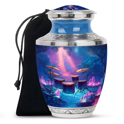 Powder Blue Drums Cremation Urn side profile showing urn shape - modern art-inspired drums motif on sleek aluminum - full-size 10 inch 200 cubic inch adult cremation urn