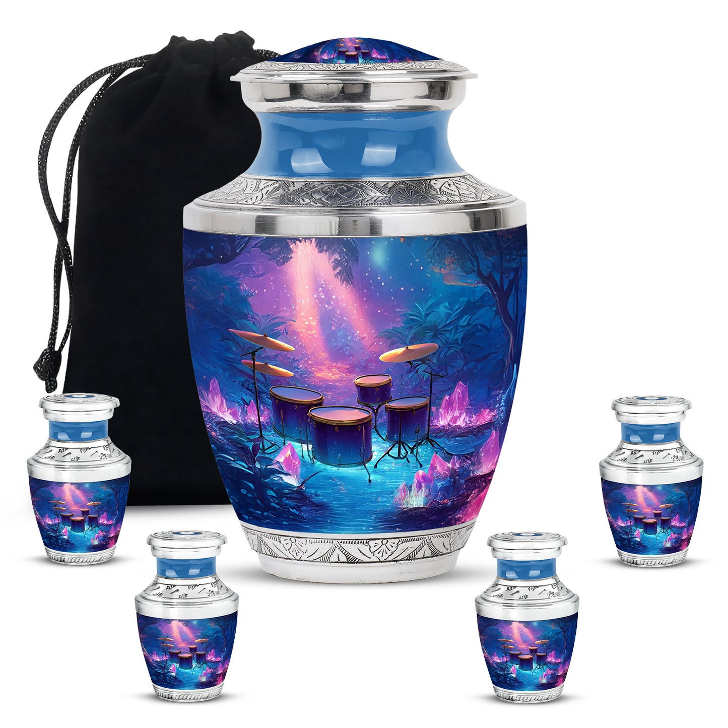 Slate Blue Drums Cremation Urn lifestyle display on memorial shelf - contemporary drums design with modern artistic flair - memorial set with one large and four small urns
