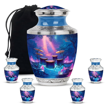 Slate Blue Drums Cremation Urn lifestyle display on memorial shelf - contemporary drums design with modern artistic flair - memorial set with one large and four small urns