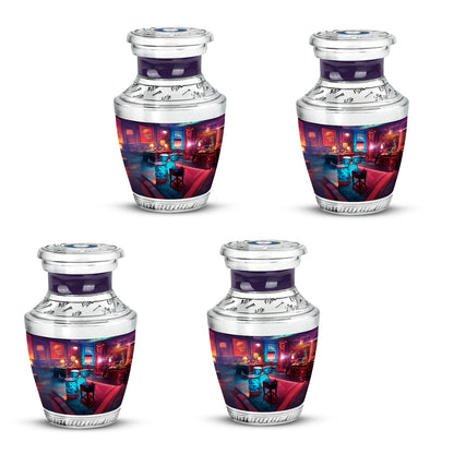 Sapphire Blue Drums Cremation Urn back view with polished surface - stylized abstract drums pattern with bold lines - 10 inch aluminum urn for cremated remains
