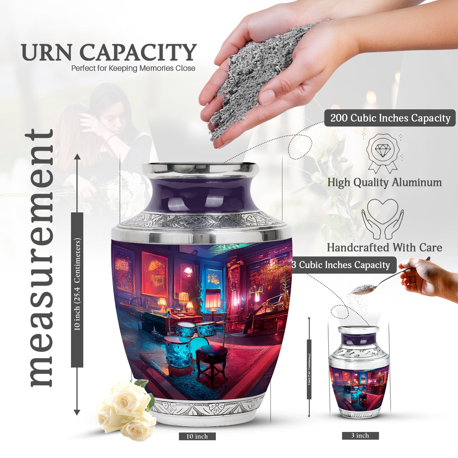 Indigo Drums Cremation Urn top-down view of secure threaded lid - contemporary drums design with modern artistic flair - mini keepsake memorial for portion of cremation ashes