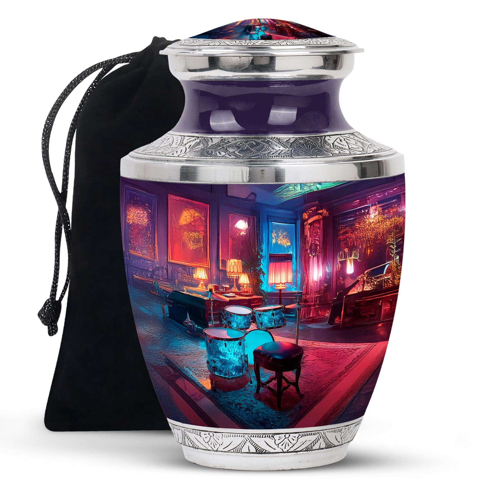 Vivid Blue Drums Cremation Urn side profile showing urn shape - artistic drums interpretation with creative detail - full-size 10 inch 200 cubic inch adult cremation urn