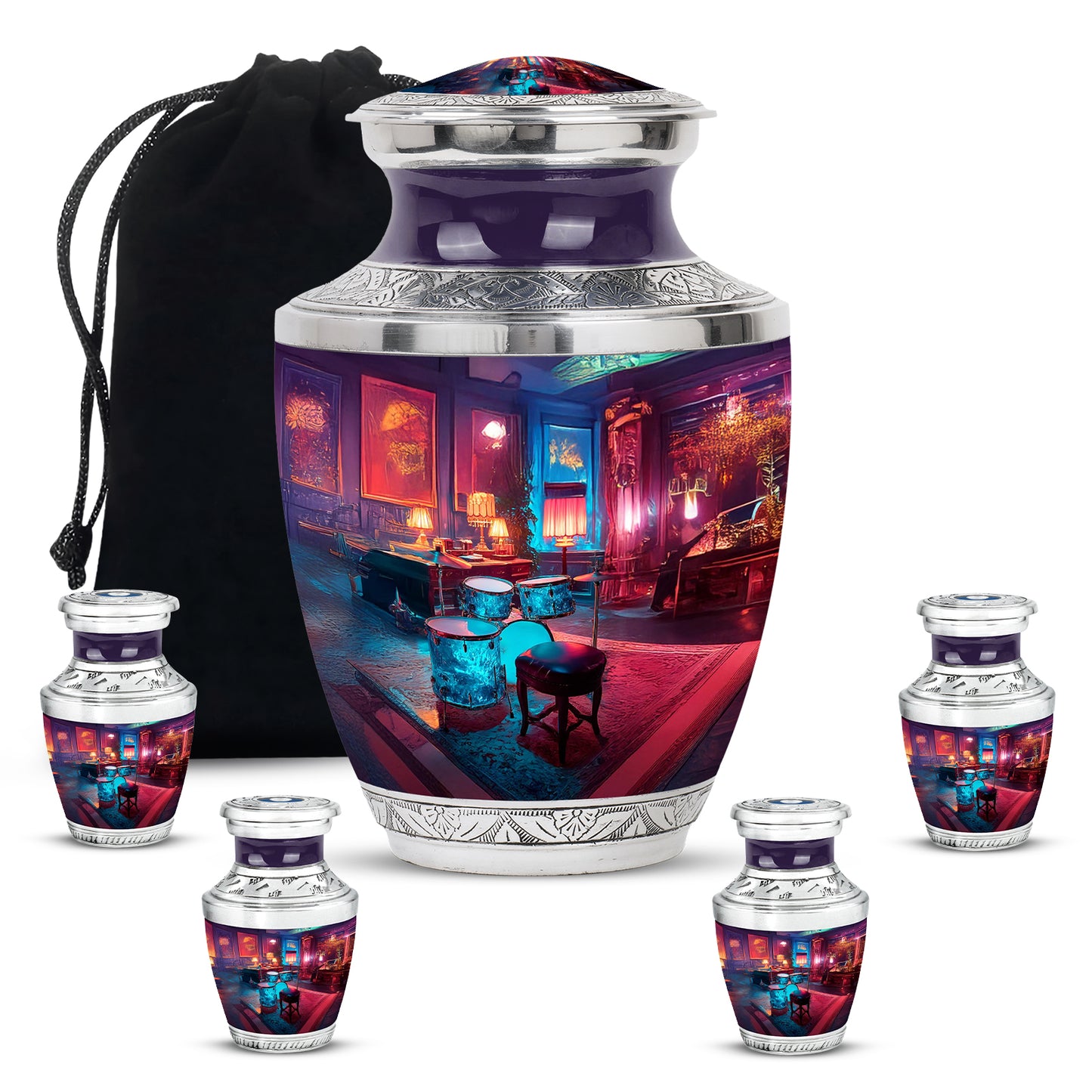 Pastel Blue Drums Cremation Urn lifestyle display on memorial shelf - contemporary drums design with modern artistic flair - memorial set with one large and four small urns