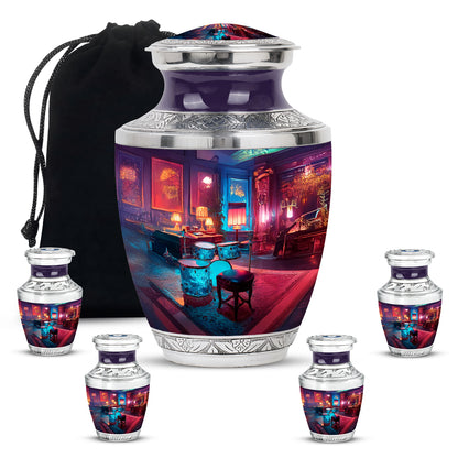 Pastel Blue Drums Cremation Urn lifestyle display on memorial shelf - contemporary drums design with modern artistic flair - memorial set with one large and four small urns