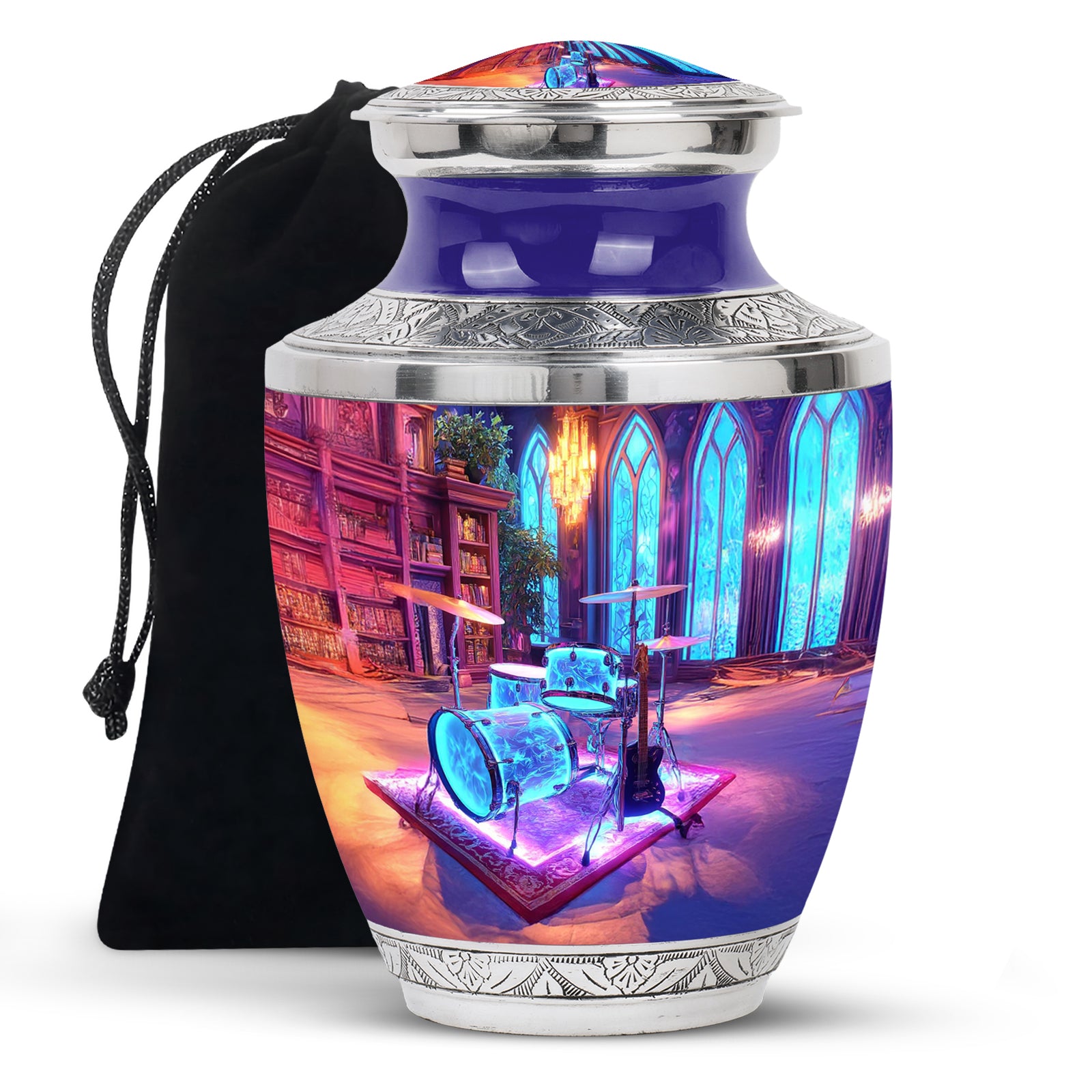 Majestic Purple Drums Cremation Urn side profile showing urn shape - contemporary drums design with modern artistic flair - full-size 10 inch 200 cubic inch adult cremation urn