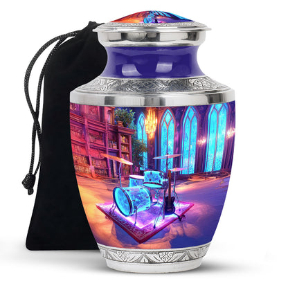Majestic Purple Drums Cremation Urn side profile showing urn shape - contemporary drums design with modern artistic flair - full-size 10 inch 200 cubic inch adult cremation urn