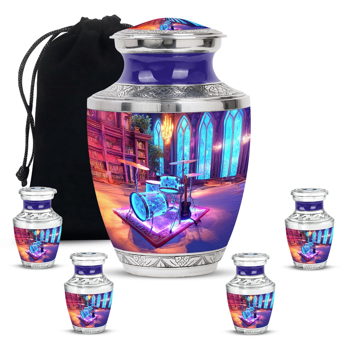 Grape Purple Drums Cremation Urn lifestyle display on memorial shelf - stylized abstract drums pattern with bold lines - memorial set with one large and four small urns
