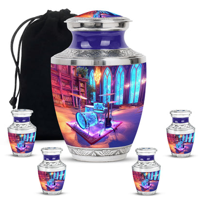 Grape Purple Drums Cremation Urn lifestyle display on memorial shelf - stylized abstract drums pattern with bold lines - memorial set with one large and four small urns