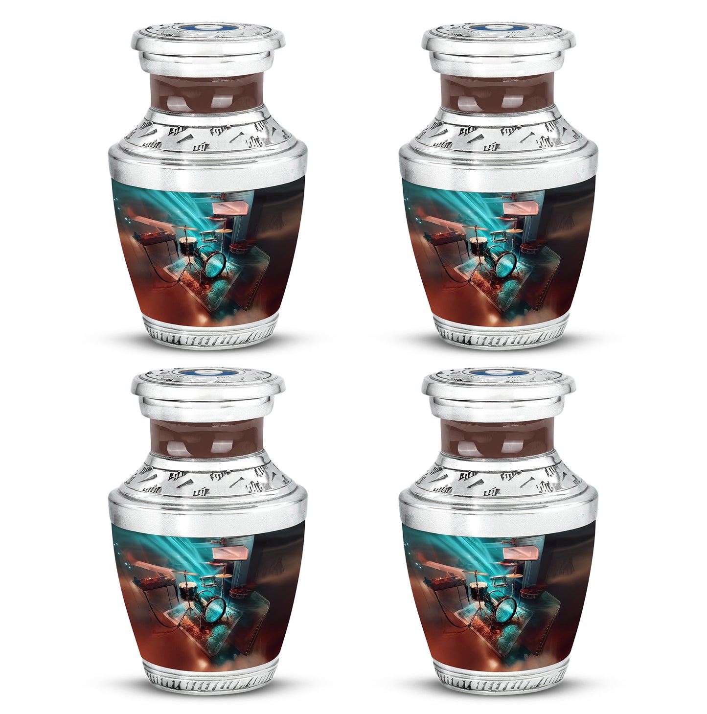 Jewel Teal Drums Cremation Urn back view with polished surface - contemporary drums design with modern artistic flair - 10 inch aluminum urn for cremated remains