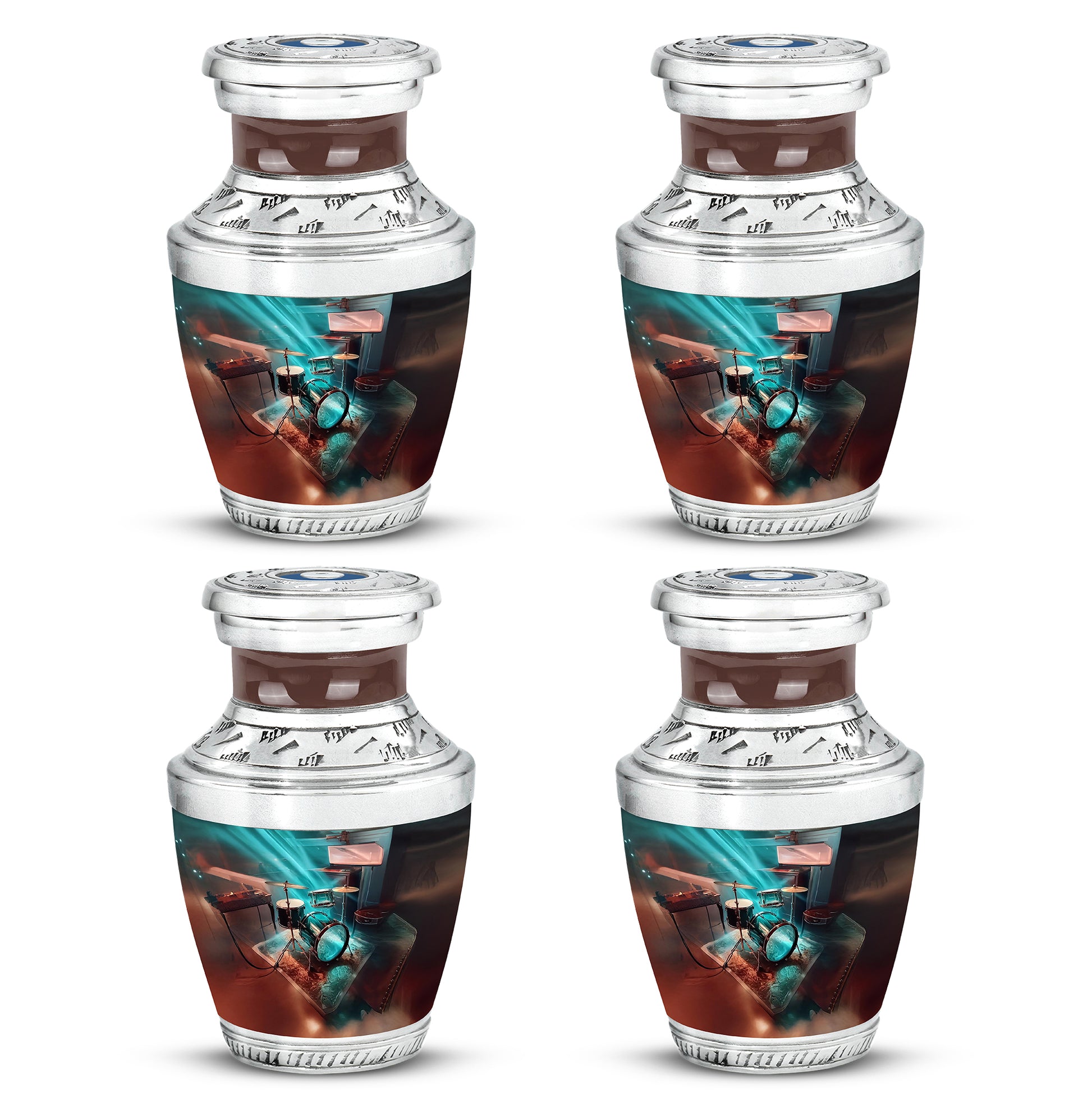 Jewel Teal Drums Cremation Urn back view with polished surface - contemporary drums design with modern artistic flair - 10 inch aluminum urn for cremated remains