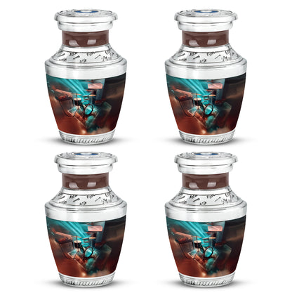Jewel Teal Drums Cremation Urn back view with polished surface - contemporary drums design with modern artistic flair - 10 inch aluminum urn for cremated remains