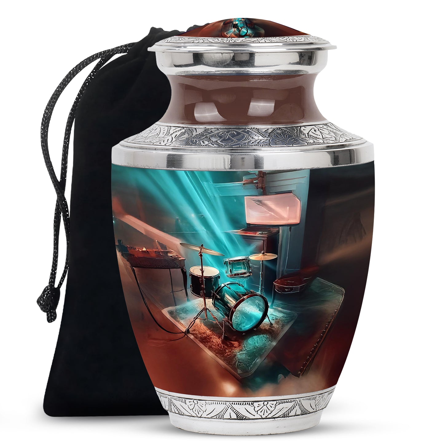 Soft Teal Drums Cremation Urn side profile showing urn shape - contemporary drums design with modern artistic flair - full-size 10 inch 200 cubic inch adult cremation urn