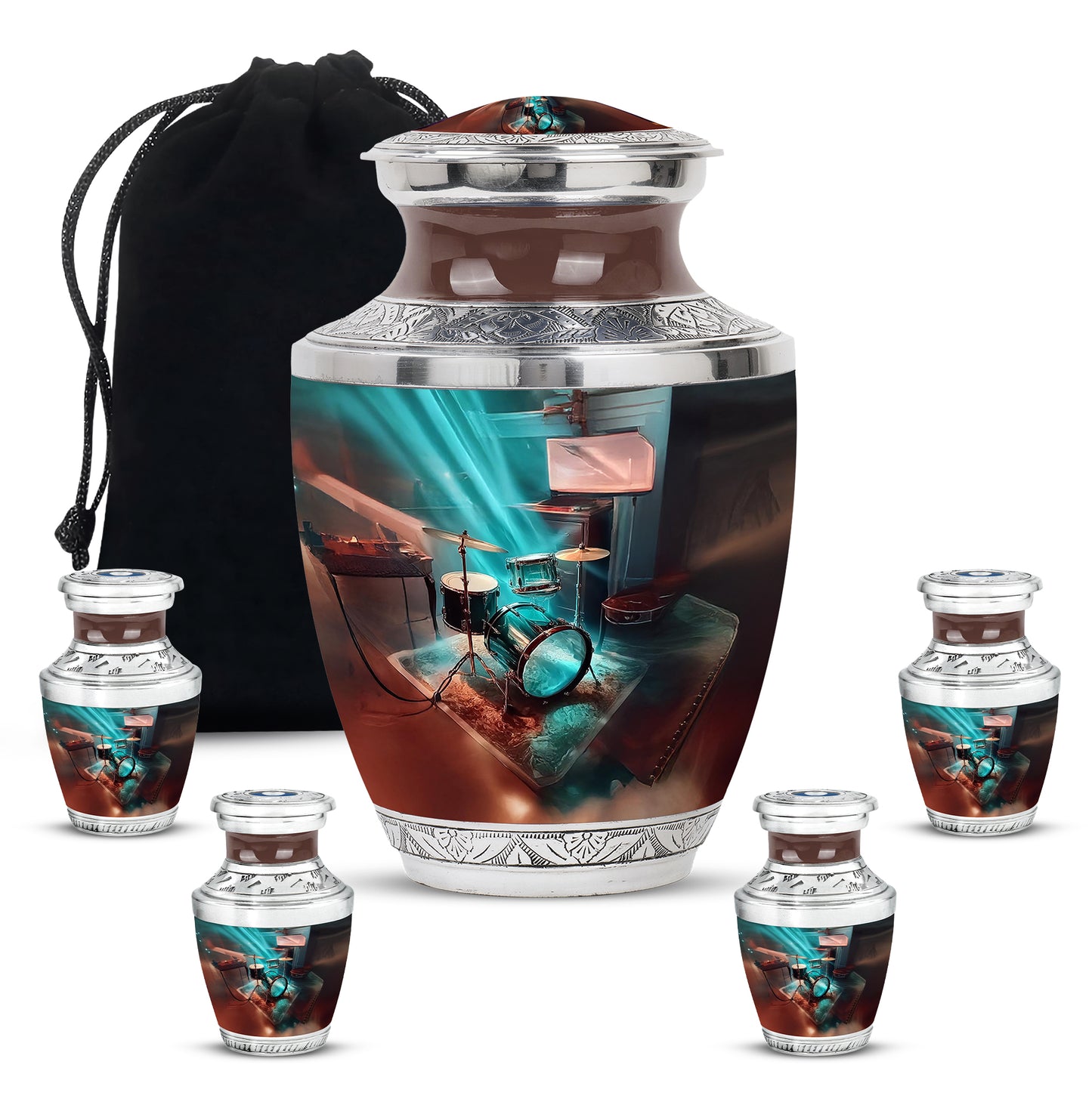 Soft Teal Drums Cremation Urn lifestyle display on memorial shelf - modern art-inspired drums motif on sleek aluminum - memorial set with one large and four small urns