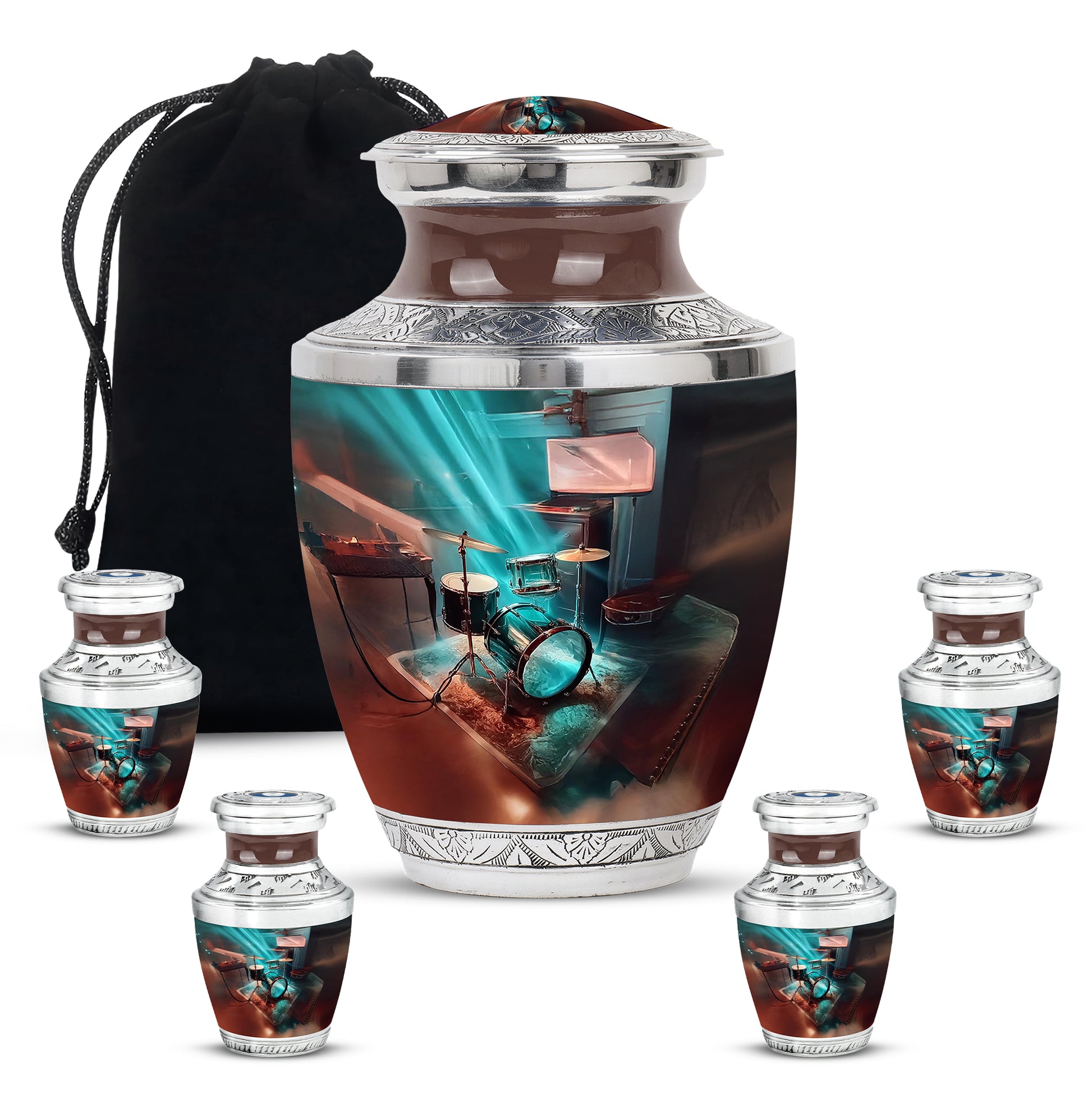 Soft Teal Drums Cremation Urn lifestyle display on memorial shelf - modern art-inspired drums motif on sleek aluminum - memorial set with one large and four small urns