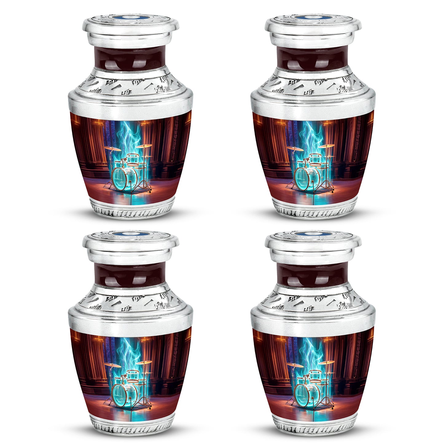 Wine Red Drums Cremation Urn back view with polished surface - contemporary drums design with modern artistic flair - 10 inch aluminum urn for cremated remains