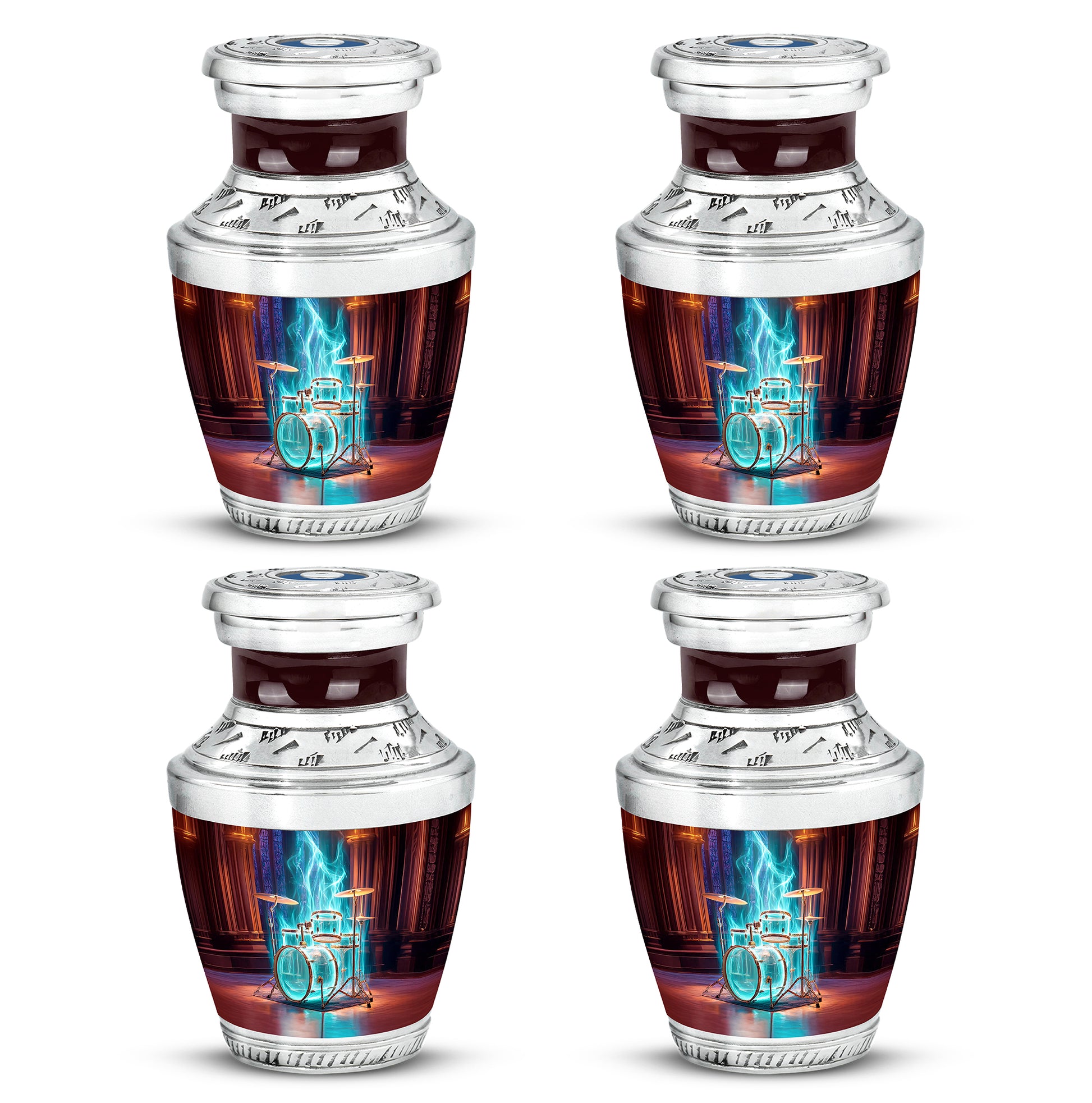 Wine Red Drums Cremation Urn back view with polished surface - contemporary drums design with modern artistic flair - 10 inch aluminum urn for cremated remains