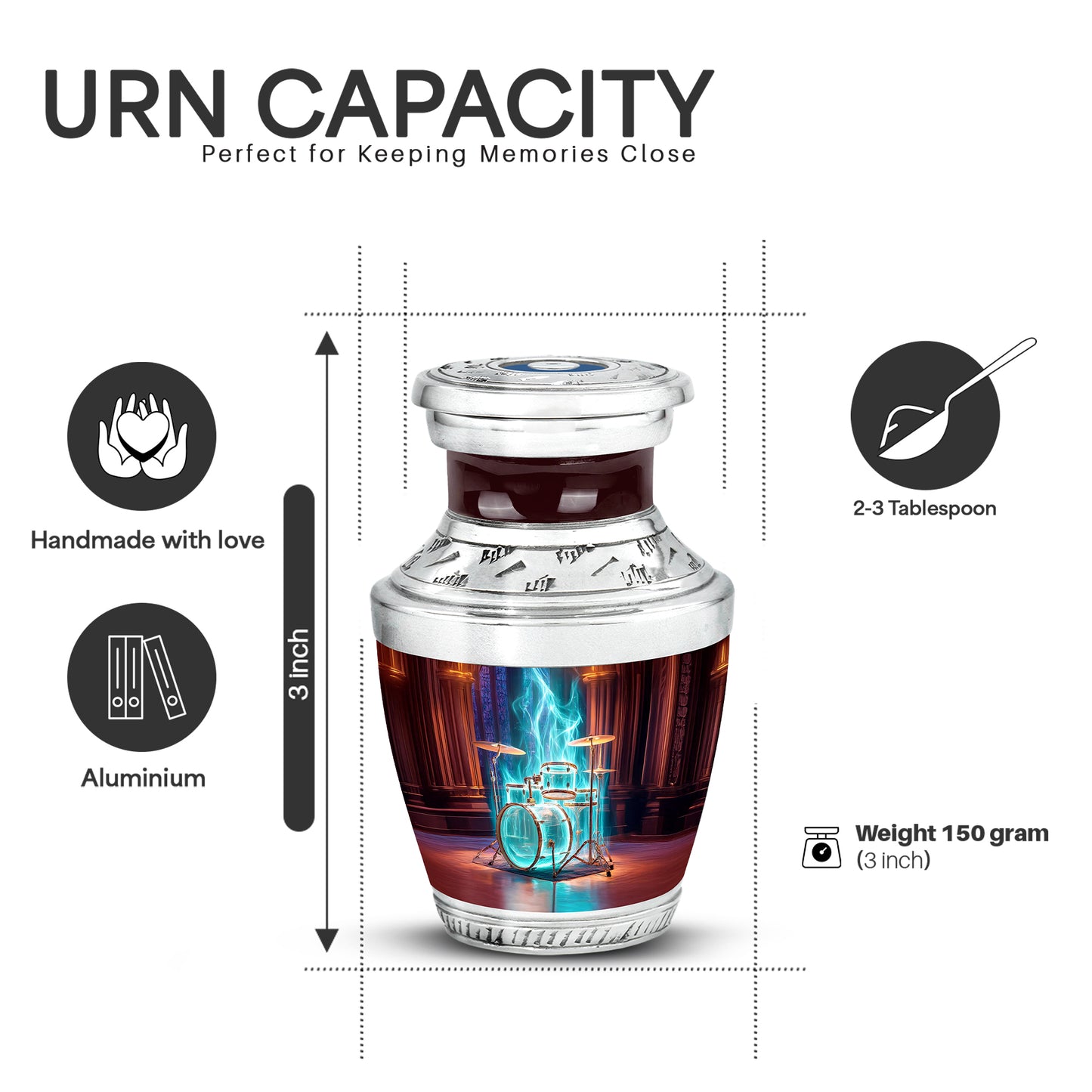 Wine Red Drums Cremation Urn top-down view of secure threaded lid - contemporary drums design with modern artistic flair - mini keepsake memorial for portion of cremation ashes