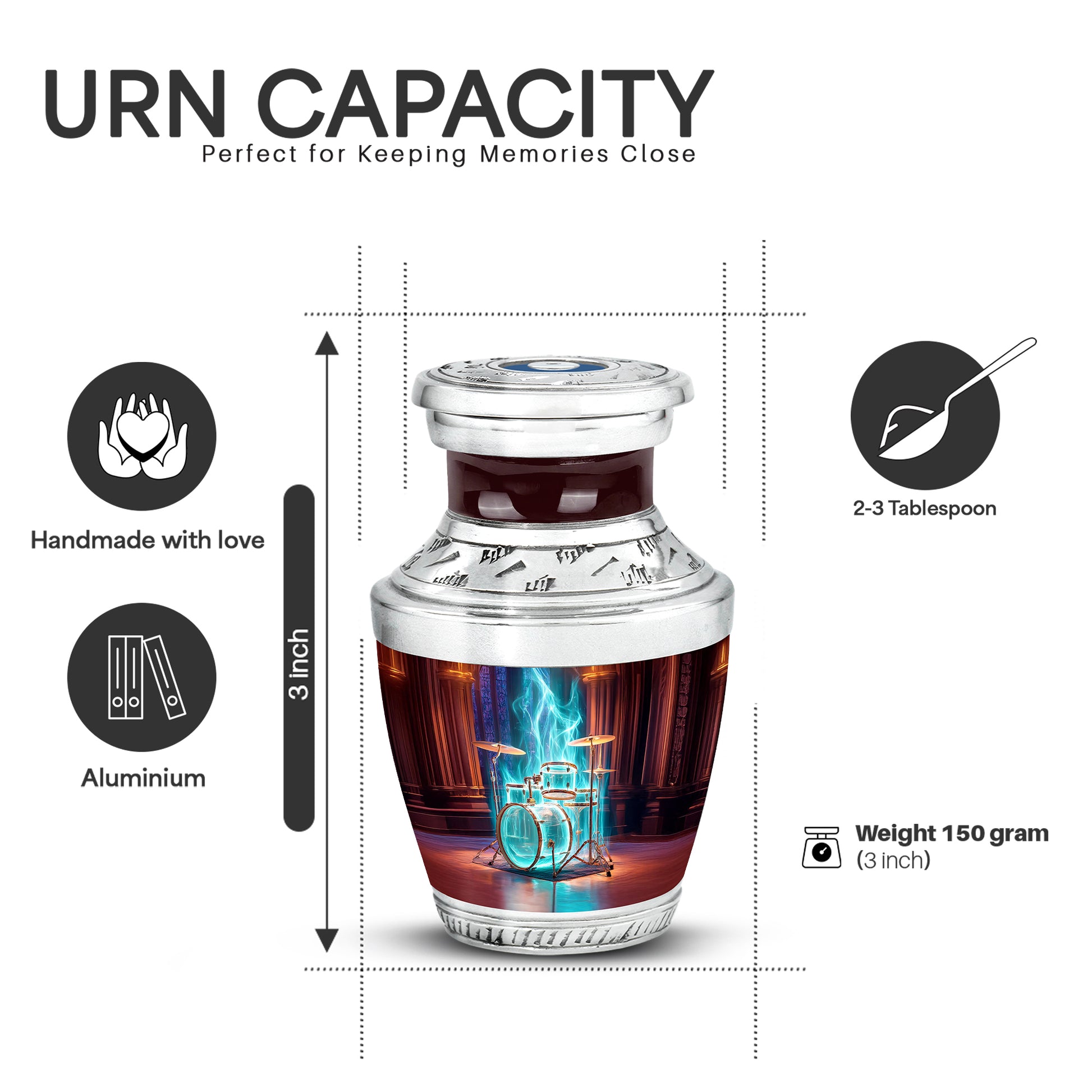 Wine Red Drums Cremation Urn top-down view of secure threaded lid - contemporary drums design with modern artistic flair - mini keepsake memorial for portion of cremation ashes