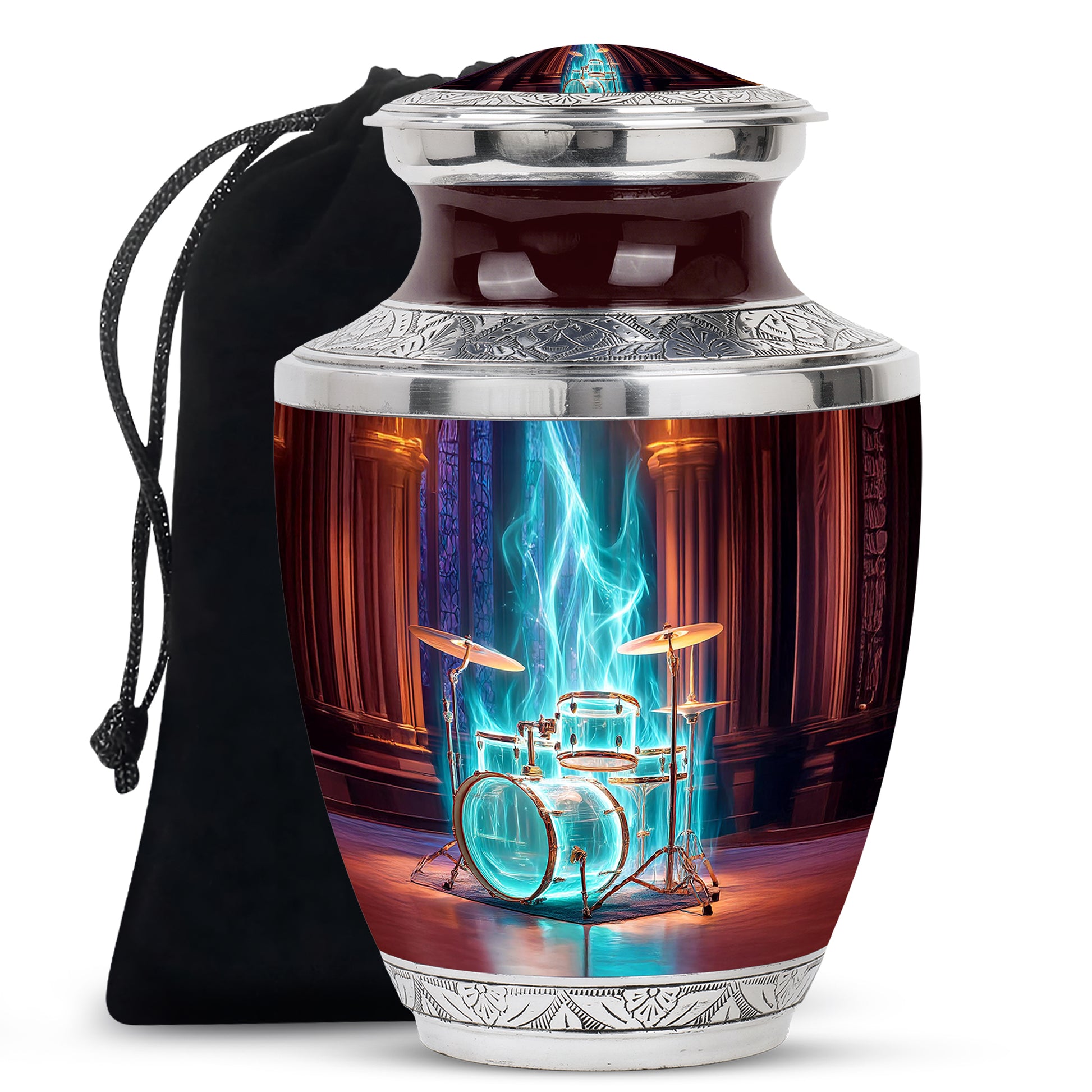 Cherry Red Drums Cremation Urn side profile showing urn shape - stylized abstract drums pattern with bold lines - full-size 10 inch 200 cubic inch adult cremation urn