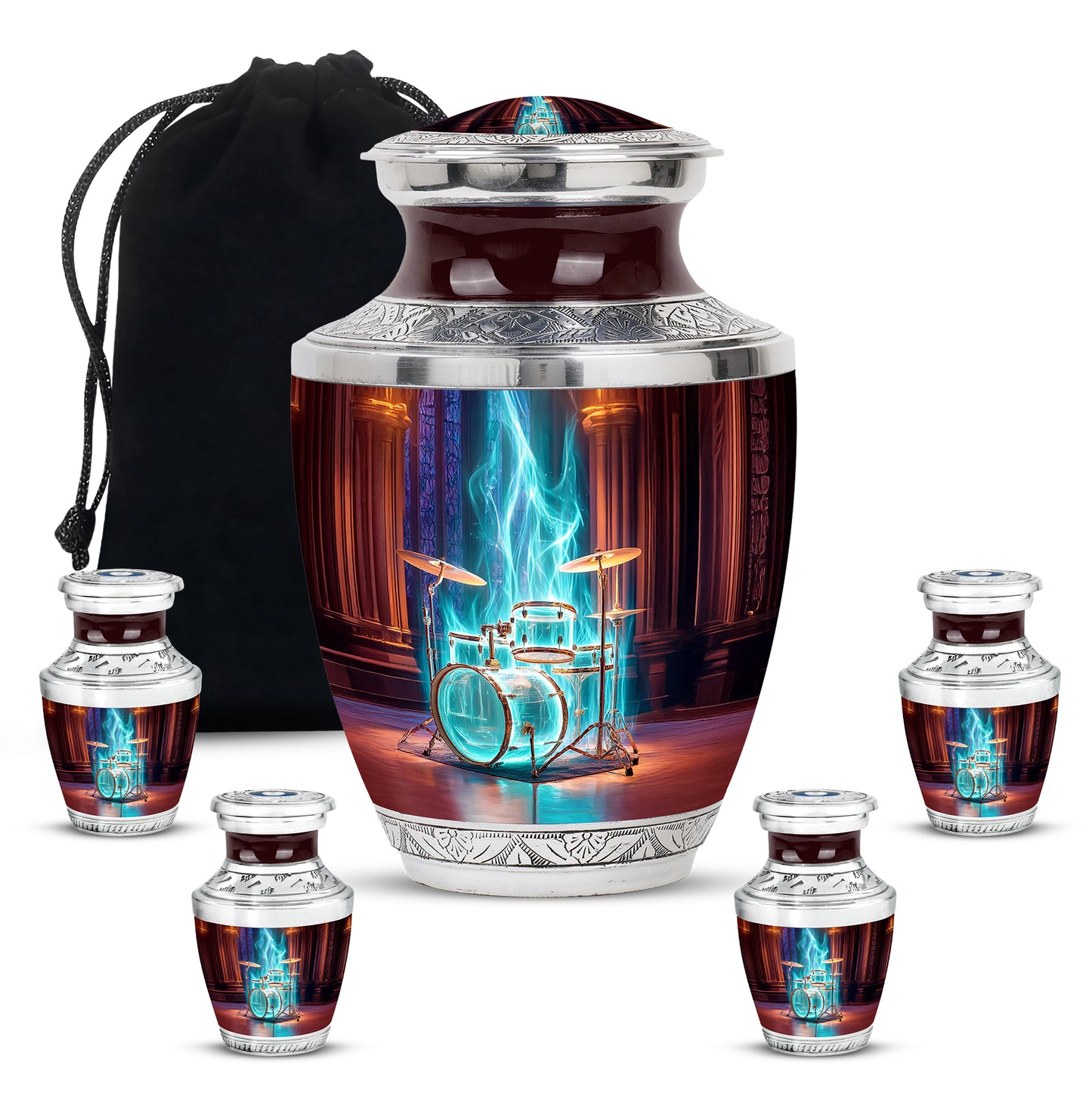 Rich Red Drums Cremation Urn lifestyle display on memorial shelf - artistic drums interpretation with creative detail - memorial set with one large and four small urns
