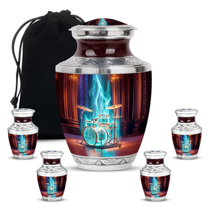 Rich Red Drums Cremation Urn lifestyle display on memorial shelf - artistic drums interpretation with creative detail - memorial set with one large and four small urns