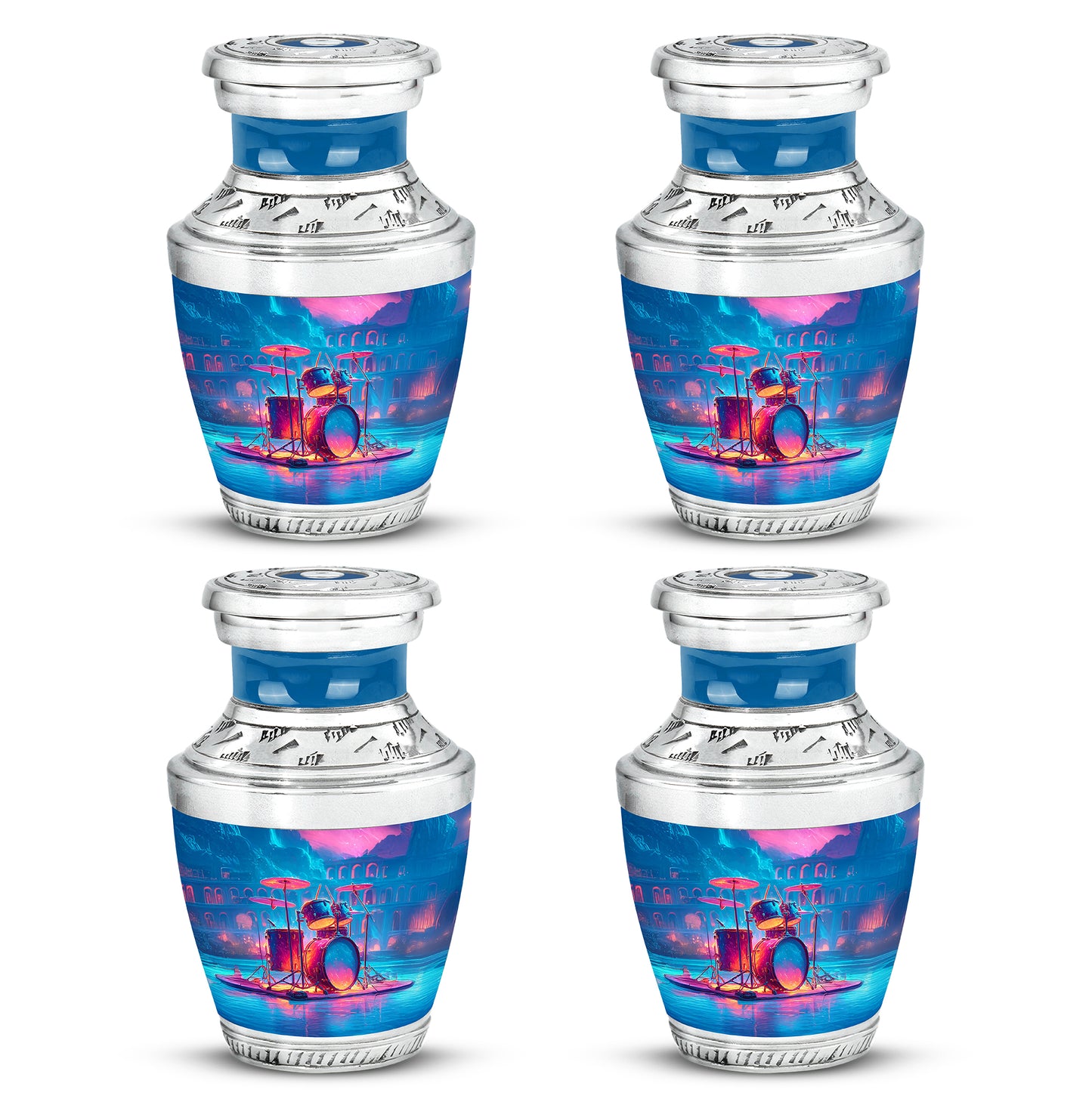 Lavender Purple Drums Cremation Urn back view with polished surface - stylized abstract drums pattern with bold lines - 10 inch aluminum urn for cremated remains