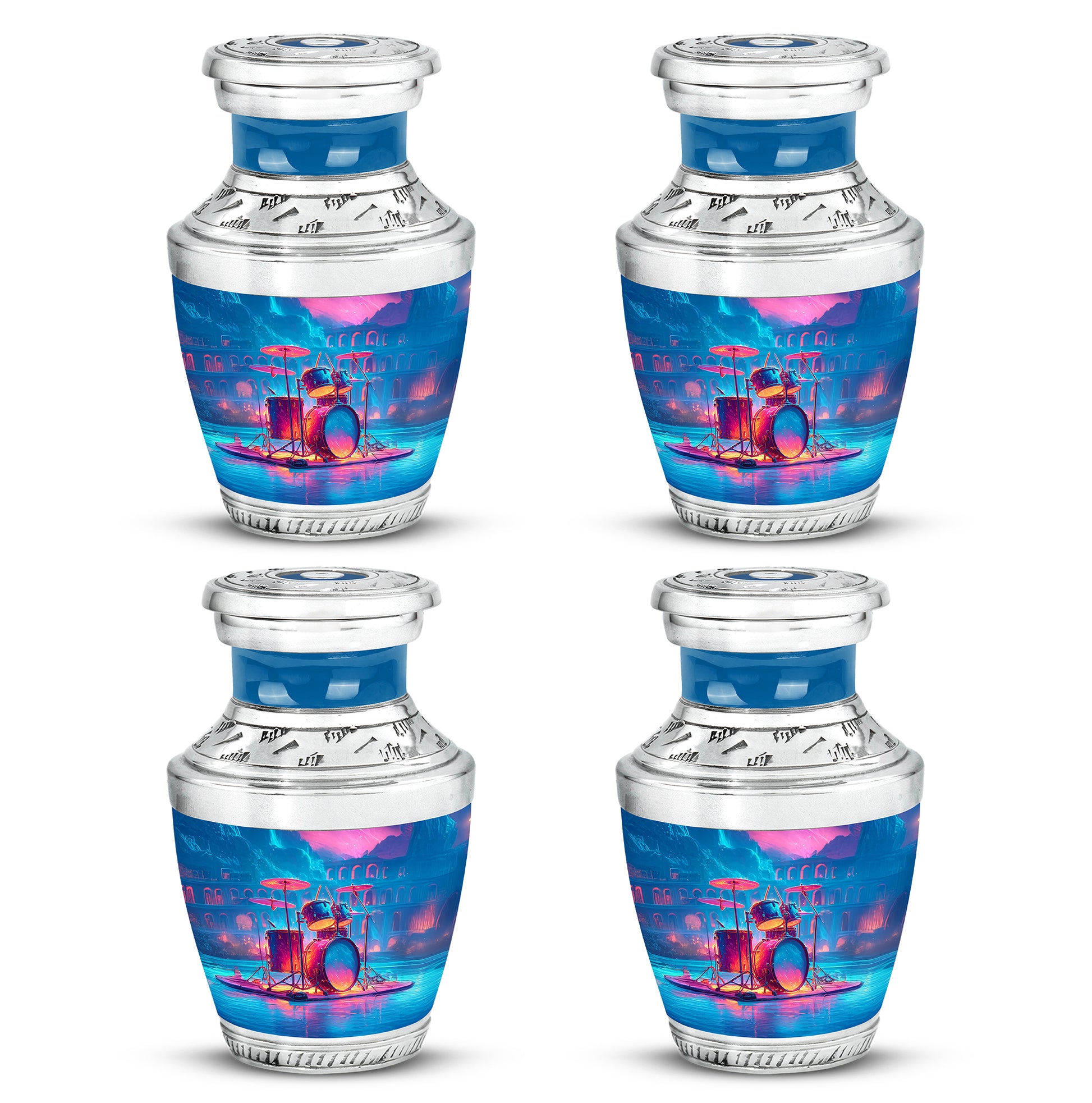 Lavender Purple Drums Cremation Urn back view with polished surface - stylized abstract drums pattern with bold lines - 10 inch aluminum urn for cremated remains