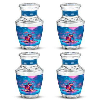 Lavender Purple Drums Cremation Urn back view with polished surface - stylized abstract drums pattern with bold lines - 10 inch aluminum urn for cremated remains