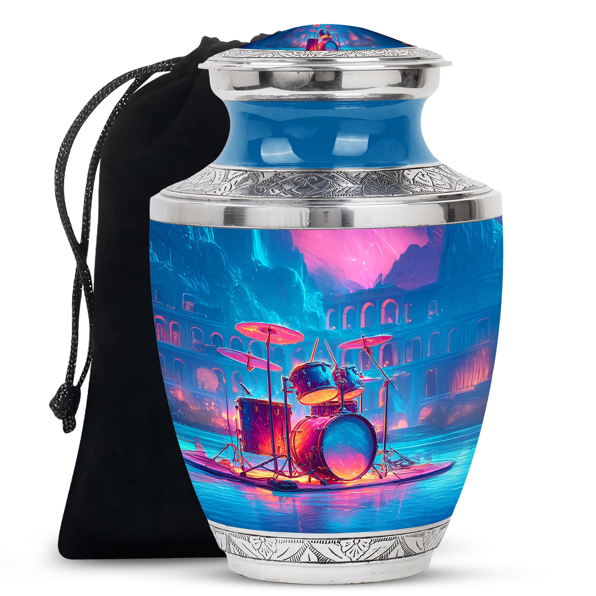 Grape Purple Drums Cremation Urn side profile showing urn shape - artistic drums interpretation with creative detail - full-size 10 inch 200 cubic inch adult cremation urn