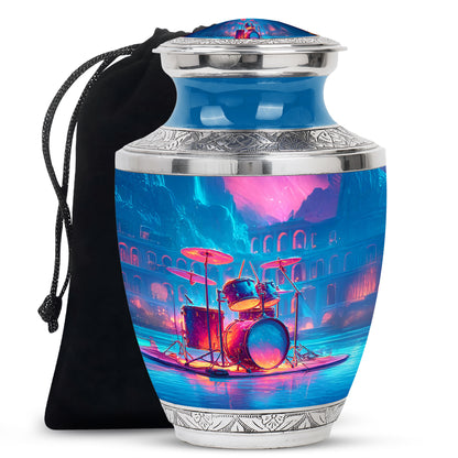 Grape Purple Drums Cremation Urn side profile showing urn shape - artistic drums interpretation with creative detail - full-size 10 inch 200 cubic inch adult cremation urn
