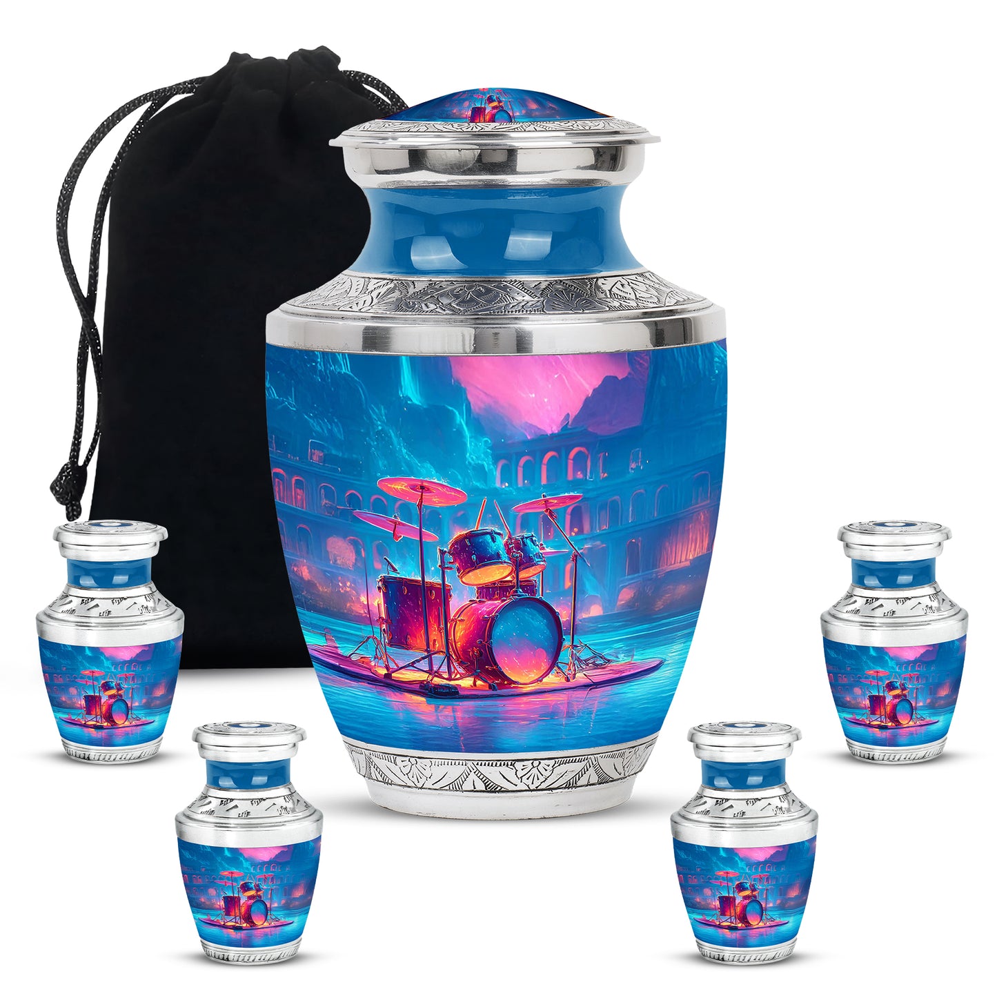 Violet Purple Drums Cremation Urn lifestyle display on memorial shelf - stylized abstract drums pattern with bold lines - memorial set with one large and four small urns