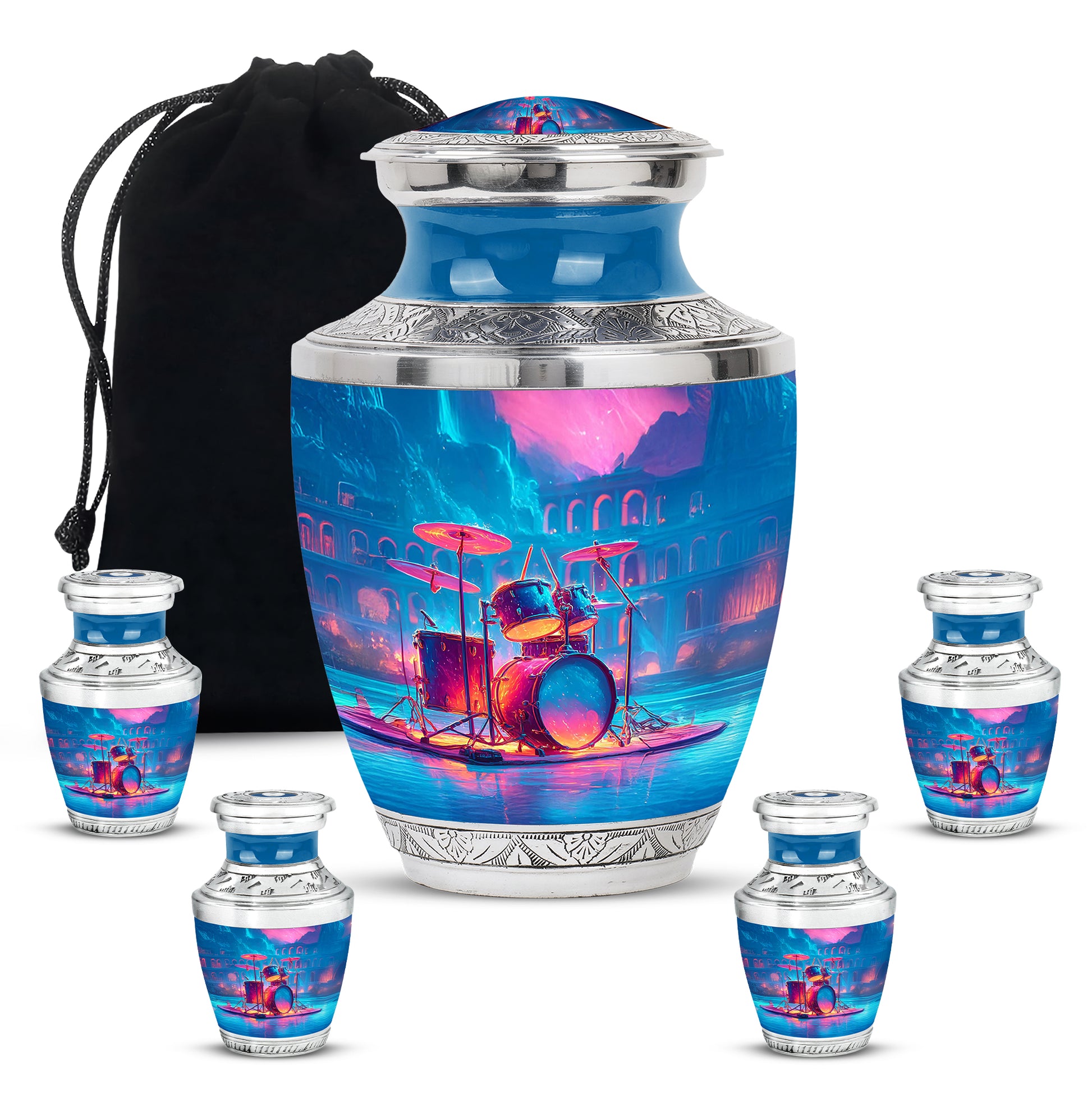 Violet Purple Drums Cremation Urn lifestyle display on memorial shelf - stylized abstract drums pattern with bold lines - memorial set with one large and four small urns