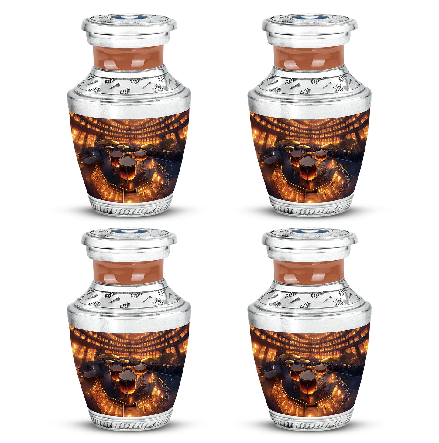 Harvest Gold Drums Cremation Urn back view with polished surface - artistic drums interpretation with creative detail - 10 inch aluminum urn for cremated remains