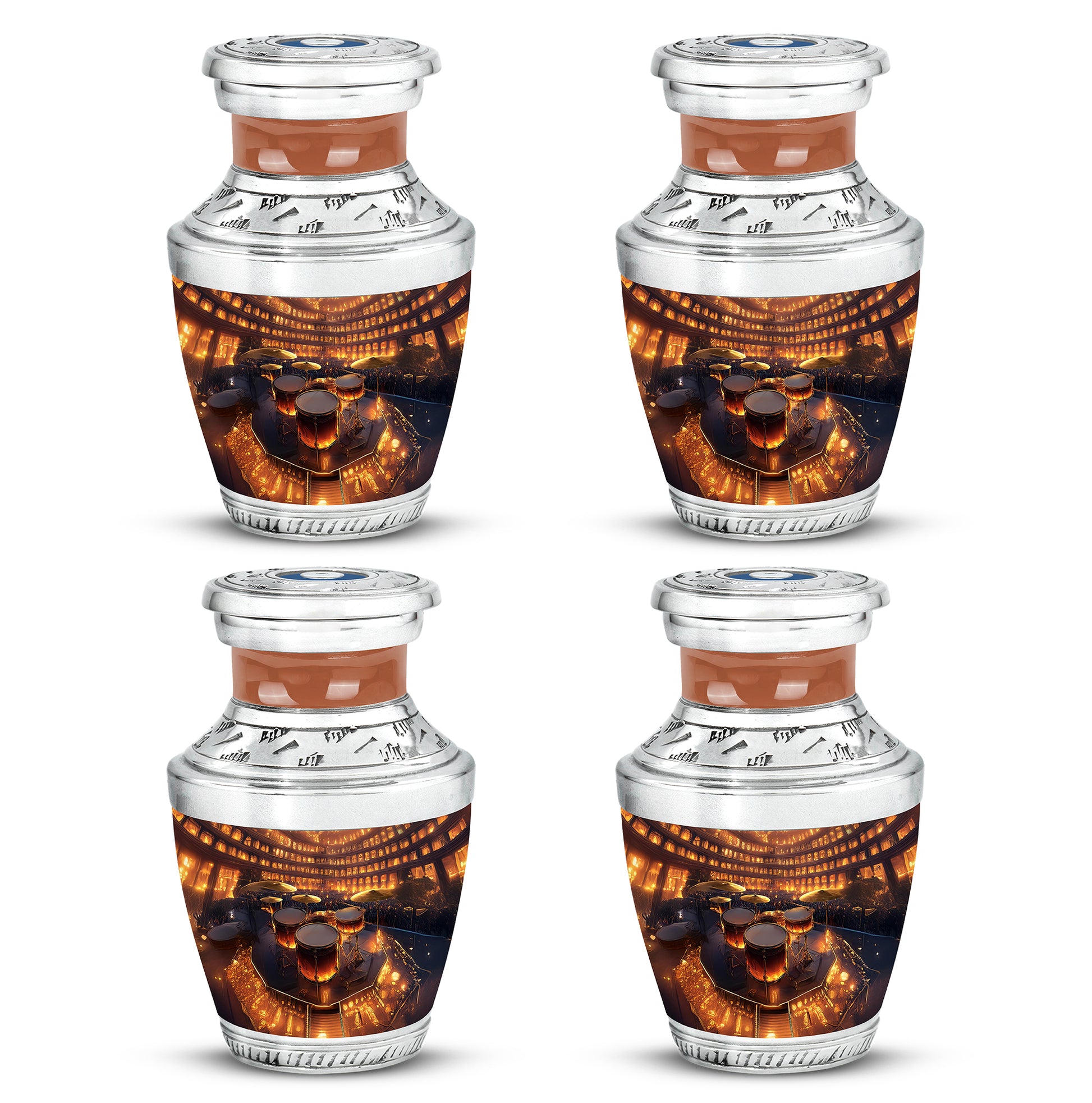 Harvest Gold Drums Cremation Urn back view with polished surface - artistic drums interpretation with creative detail - 10 inch aluminum urn for cremated remains