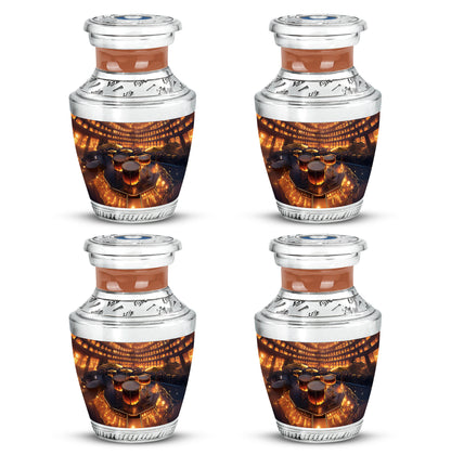 Harvest Gold Drums Cremation Urn back view with polished surface - artistic drums interpretation with creative detail - 10 inch aluminum urn for cremated remains