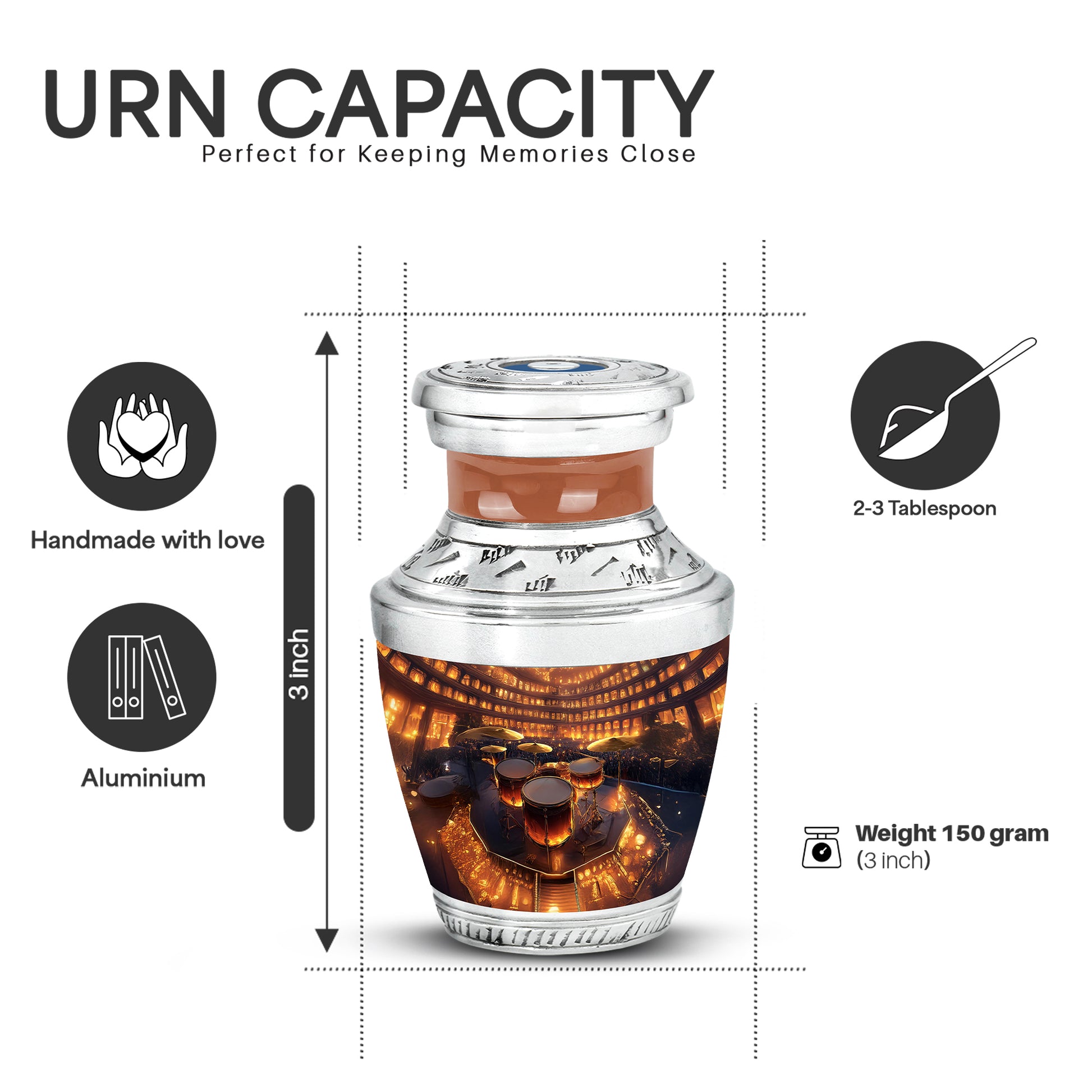 Matte Gold Drums Cremation Urn top-down view of secure threaded lid - artistic drums interpretation with creative detail - mini keepsake memorial for portion of cremation ashes