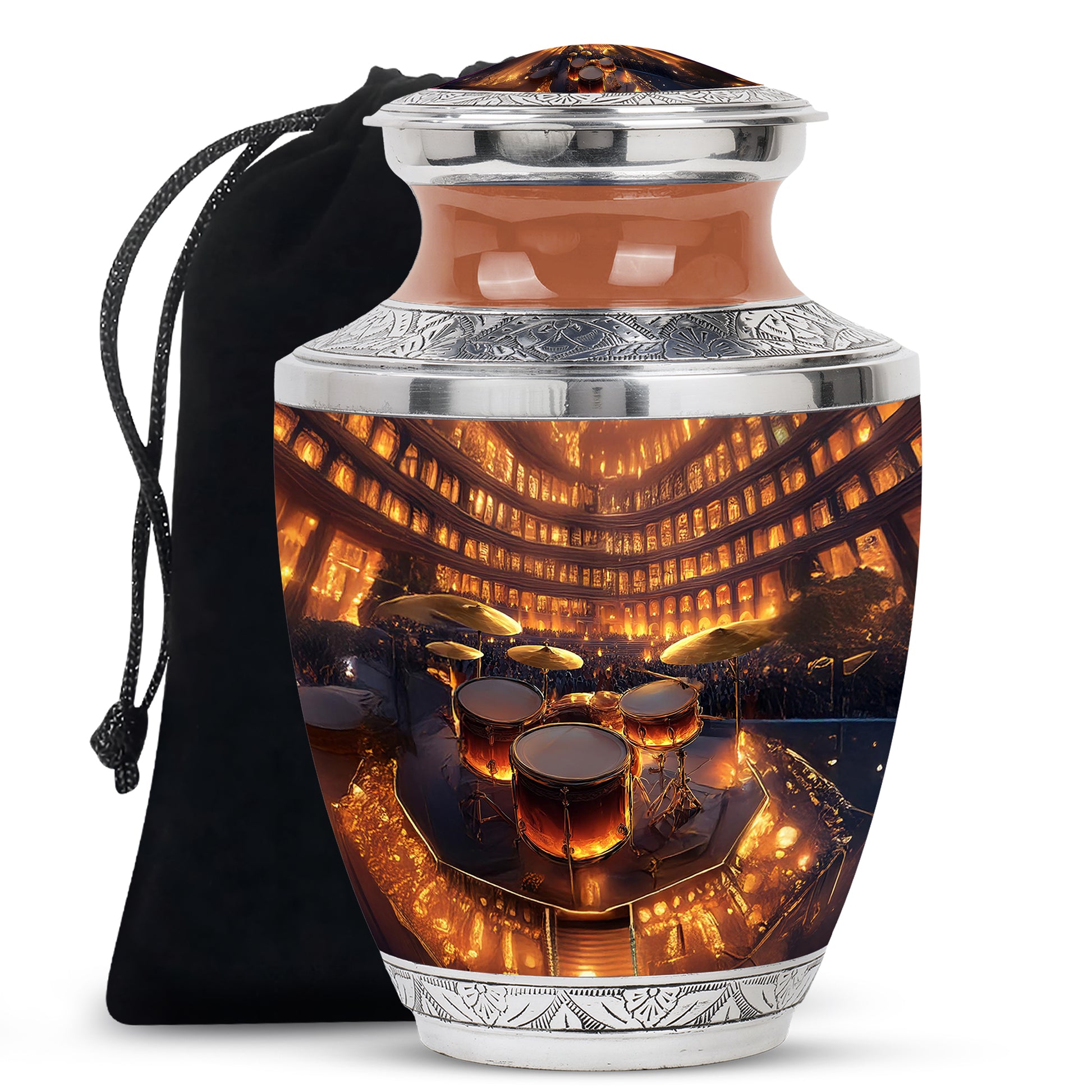 Gilded Gold Drums Cremation Urn side profile showing urn shape - modern art-inspired drums motif on sleek aluminum - full-size 10 inch 200 cubic inch adult cremation urn