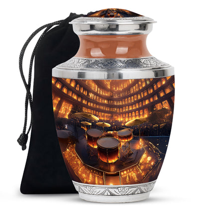 Gilded Gold Drums Cremation Urn side profile showing urn shape - modern art-inspired drums motif on sleek aluminum - full-size 10 inch 200 cubic inch adult cremation urn