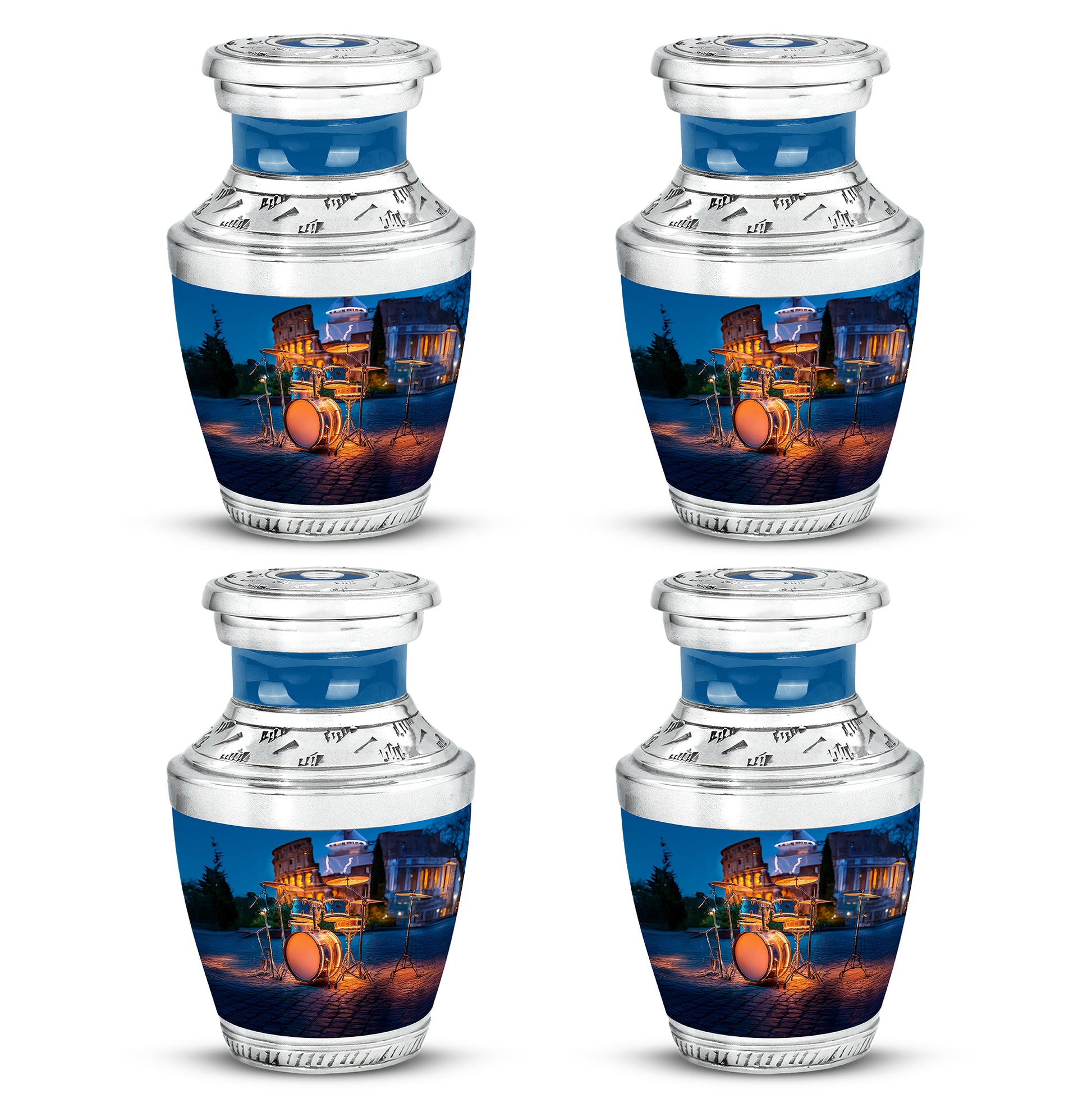 Azure Drums Cremation Urn back view with polished surface - modern art-inspired drums motif on sleek aluminum - 10 inch aluminum urn for cremated remains