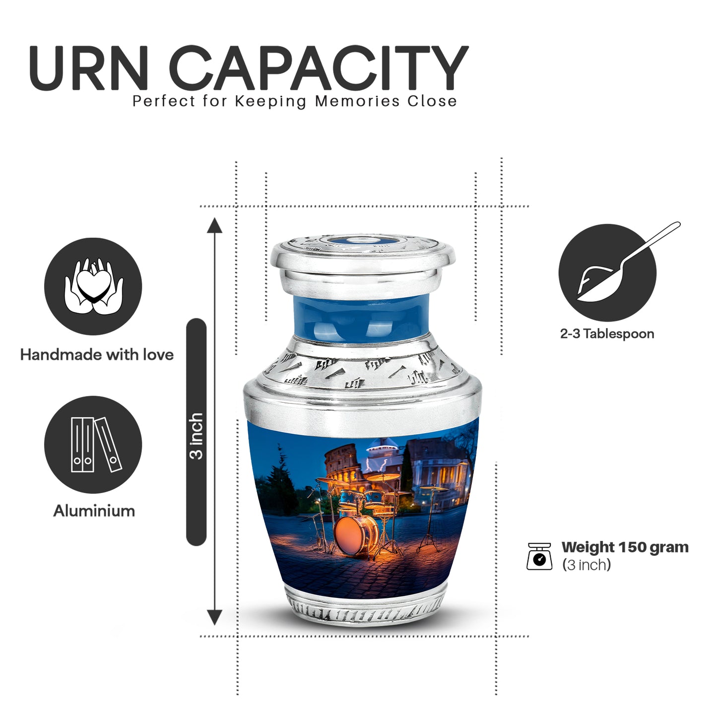 Navy Blue Drums Cremation Urn top-down view of secure threaded lid - modern art-inspired drums motif on sleek aluminum - mini keepsake memorial for portion of cremation ashes